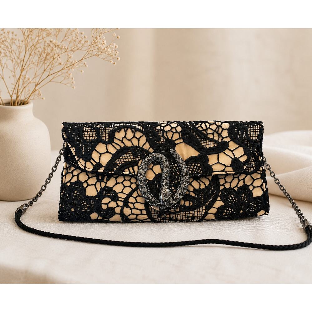 Gianni Bini Lace Envelope Clutch Snake Buckle Satin NWT Detachable Strap
